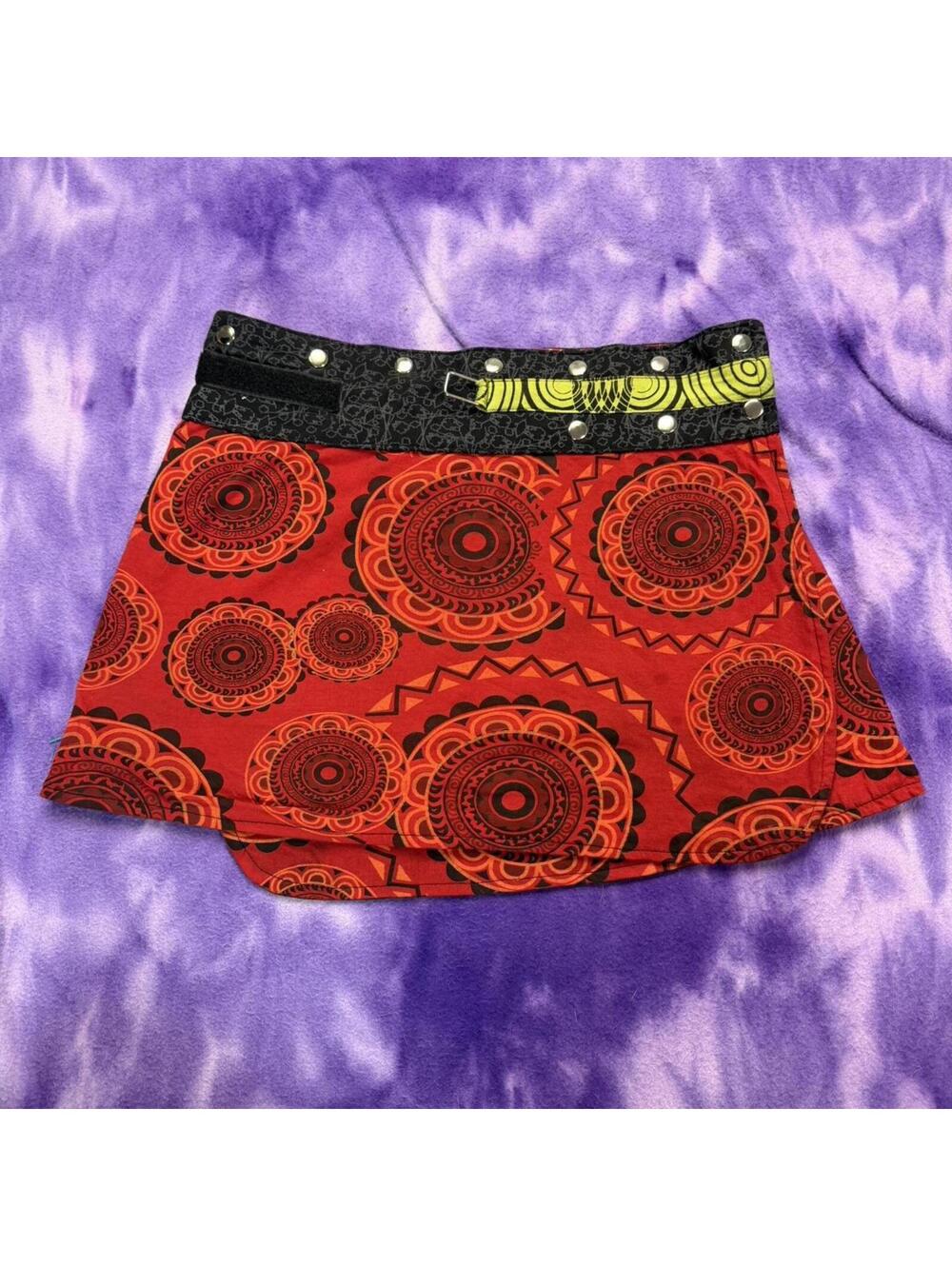 Reversible wrap skirt with psychedelic patterns
